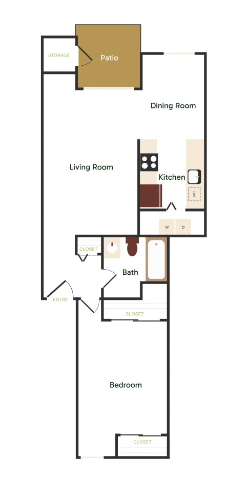 A floor plan of a house with a patio, dining room, living room, kitchen, bath, and bedroom.